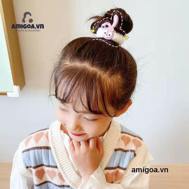 Dây Cột Tóc Cao Su Phối Lông Nhung Họa Tiết Hoạt Hình Đáng Yêu Cho Bé
