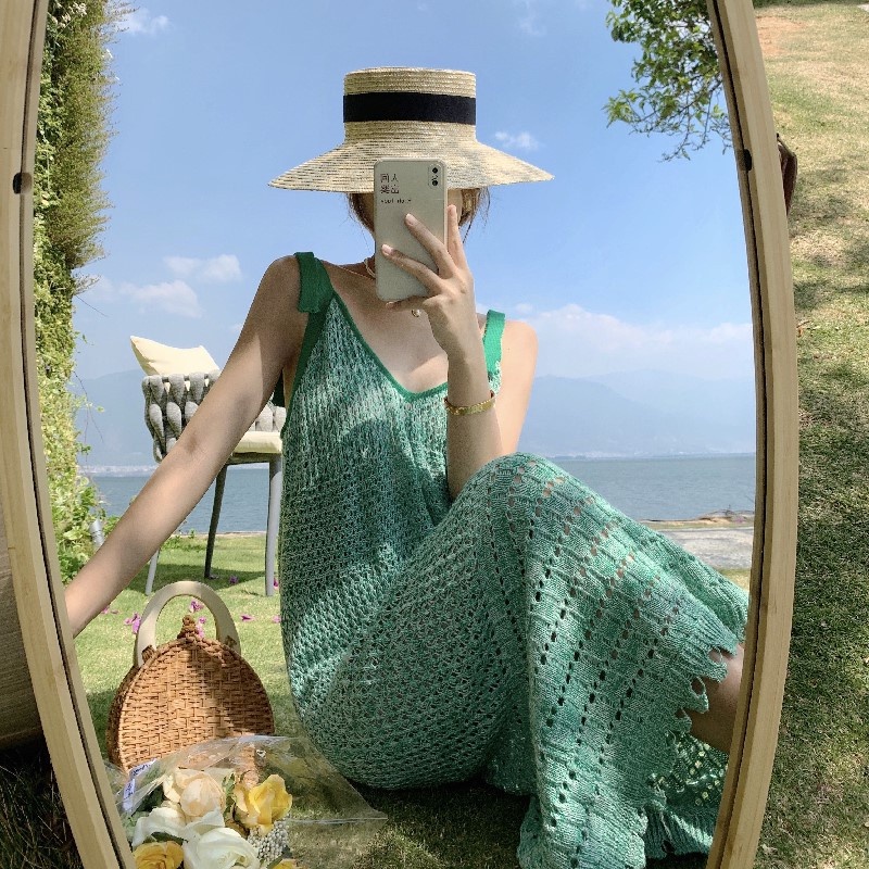 Đầm Len 2 Dây Dệt Kim Mỏng Màu Xanh Mint Nhẹ Nhàng Dáng Dài Xinh Xắn, Đầm Maxi Đi Biển Hàng Quảng Châu Loại 1