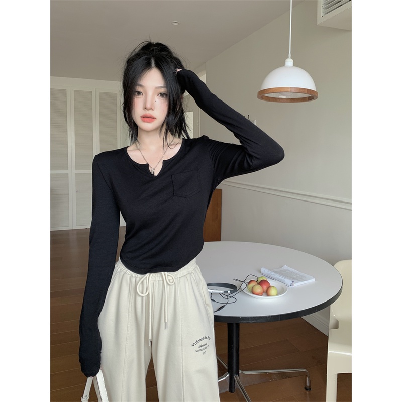 Áo Thun Mỏng Tay Dài Cổ Chữ V Màu Trơn 4 Màu Thời Trang Dành Cho Nữ