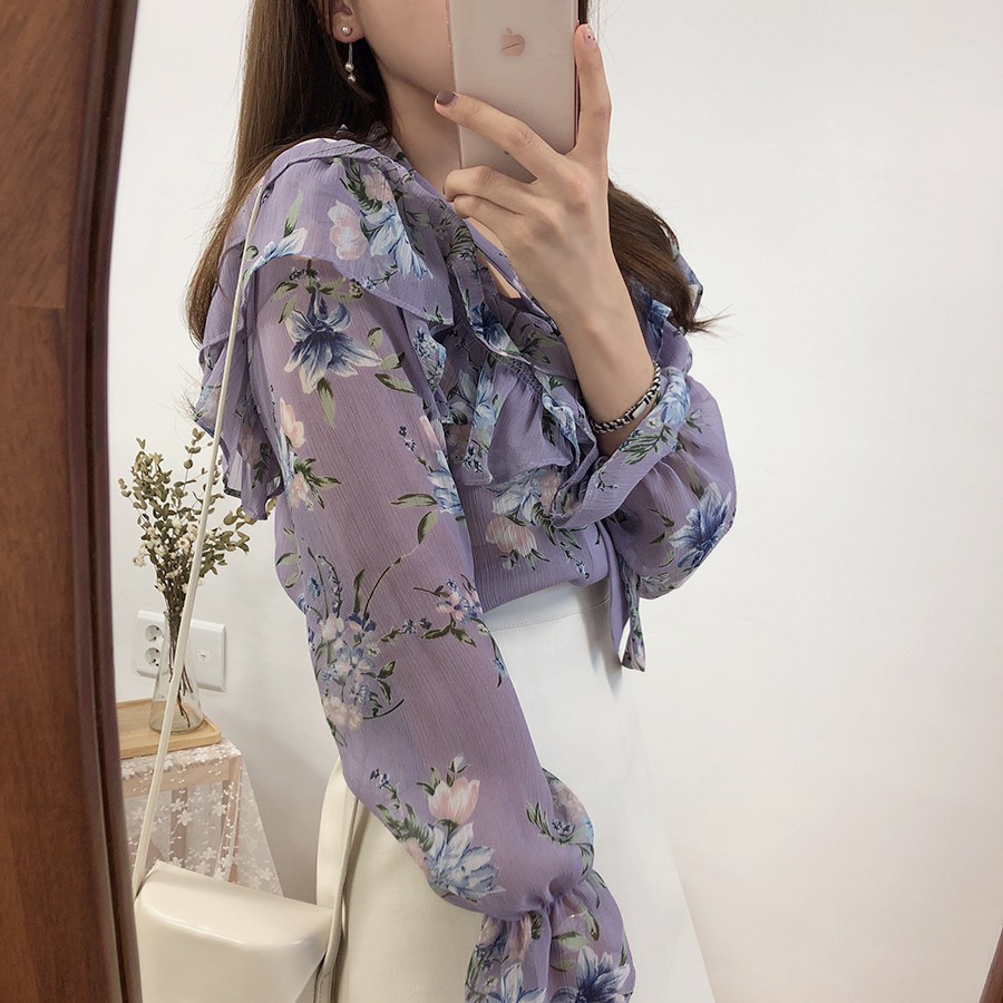 (ORDER) Áo sơ mi nữ dài tay voan hoa phối bèo vai cổ thắt nơ điệu đà tiểu thư Hàn Quốc (NEW ARRIVALS)