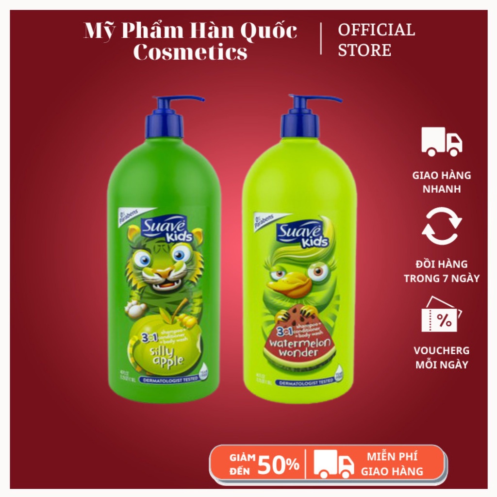 Sữa tắm gội xả Suave Kids 3 in 1 mẫu mới chai có vòi 532ml