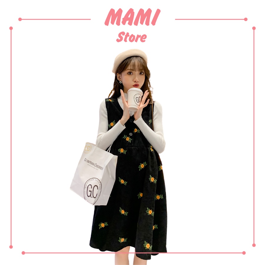 Đầm bầu, váy bầu, yếm công sở cổ tim chất nhung thêu cao cấp Mami store
