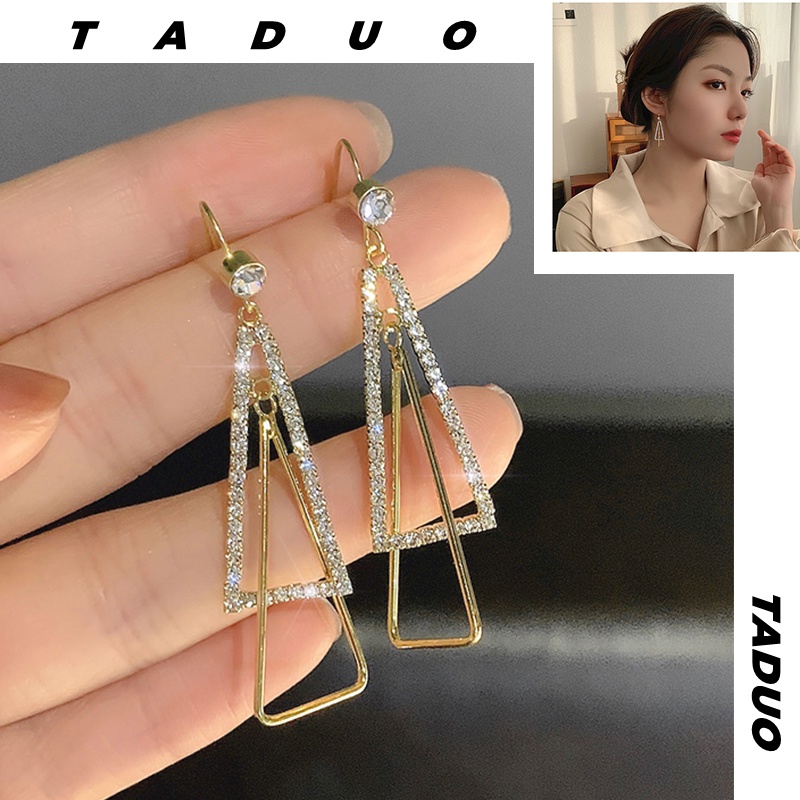 Đôi Khuyên Tai Dáng Dài Mạ Bạc 925 Thiết Kế Hình Tam Giác Đính Đá Thời Trang