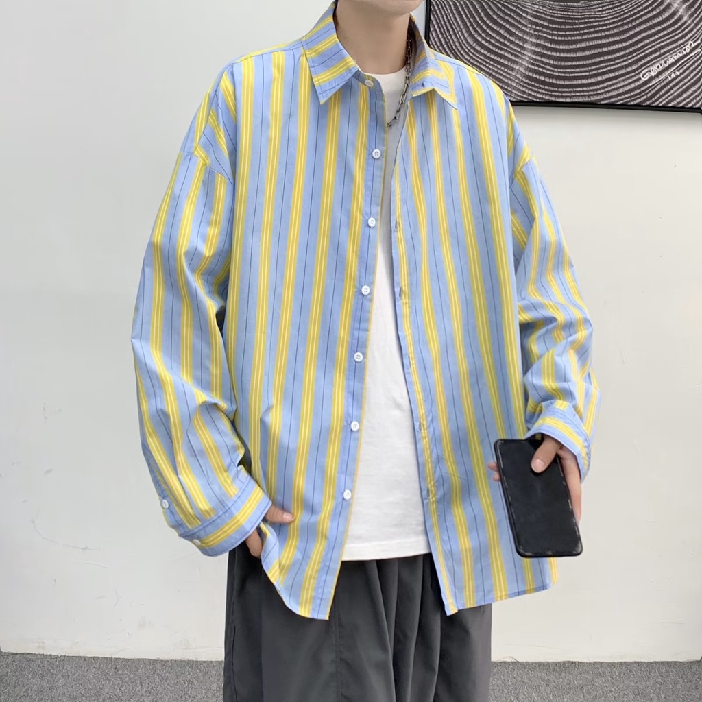 Áo Sơ Mi Nam Dài Tay Dáng Rộng Họa Tiết Sọc Dọc Màu Tương Phản Thời Trang