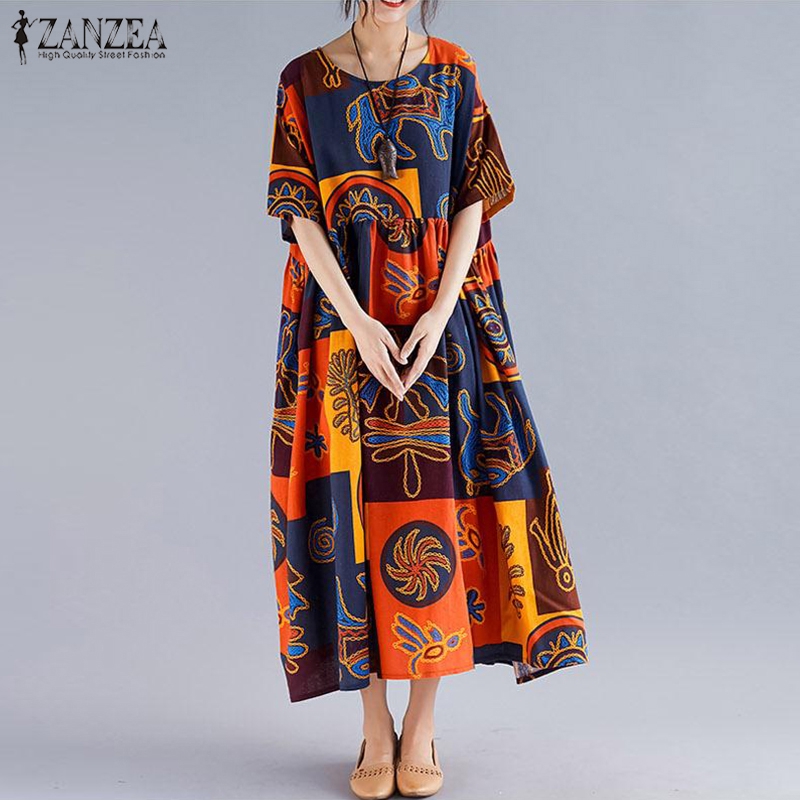 Đầm maxi ZANZEA dáng rộng tay cánh dơi in họa tiết thời trang cho nữ