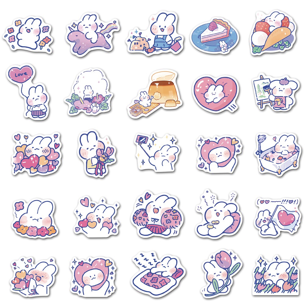 Set 50 chiếc sticker chống thấm nước THỎ TRẮNG SIÊU QUẬY dễ thương dán nón bảo hiểm, nhà cửa, laptop