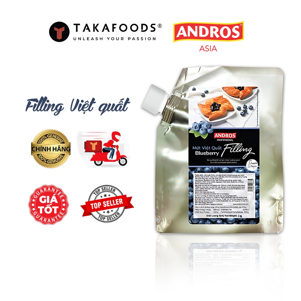 Mứt Làm Bánh Fruit Filling Anndros Vị Việt Quất Túi 1 Kg. Hàng công ty có sẵn giao ngay