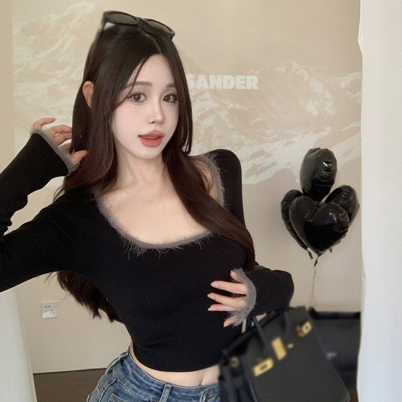 Áo Croptop Dệt Kim Tay Dài Cổ Vuông Màu Sắc Tương Phản Phong Cách Hàn Quốc Quyến Rũ Cho Nữ