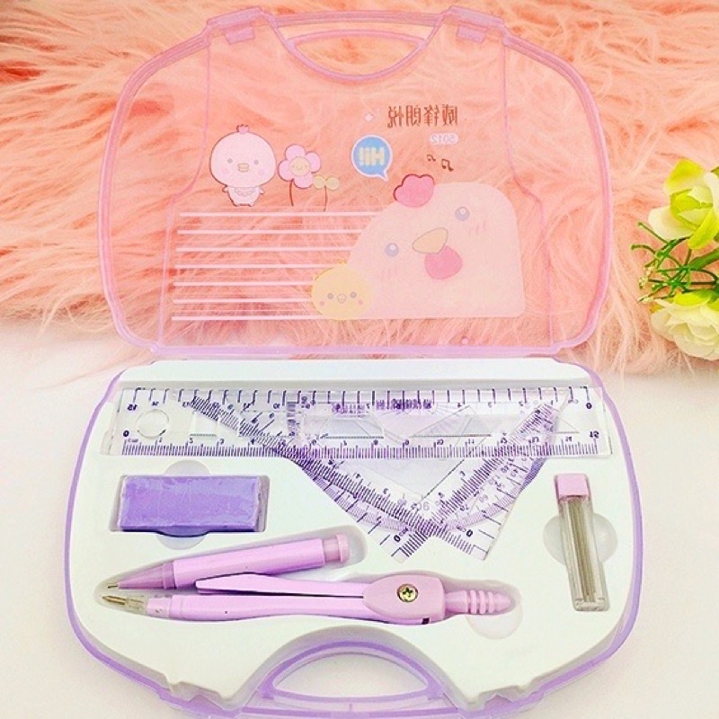 Bộ compa, thước kẻ eke tẩy chì, hộp đựng...