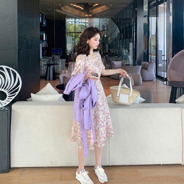Váy hoa nhí cổ chéo dáng dài hoạ tiết hoa sáng màu Ulzzang style🌸 VKE 8029-2 Hàng Quảng Châu