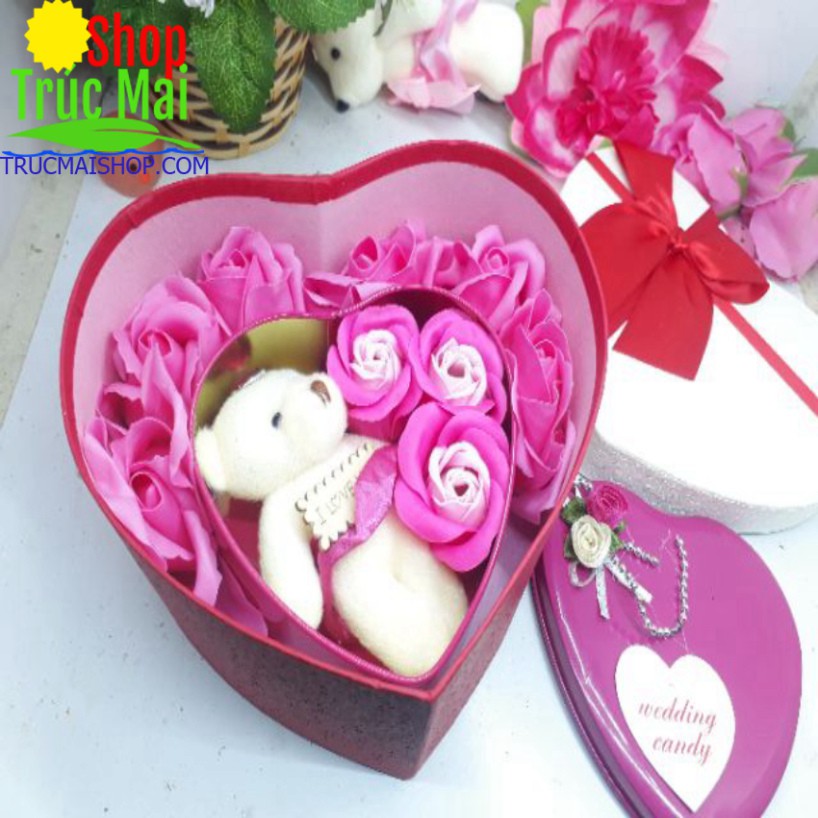 feeship Quà 20/10 - Hộp quà Tim trong tim (2 trái tim hoa gấu)