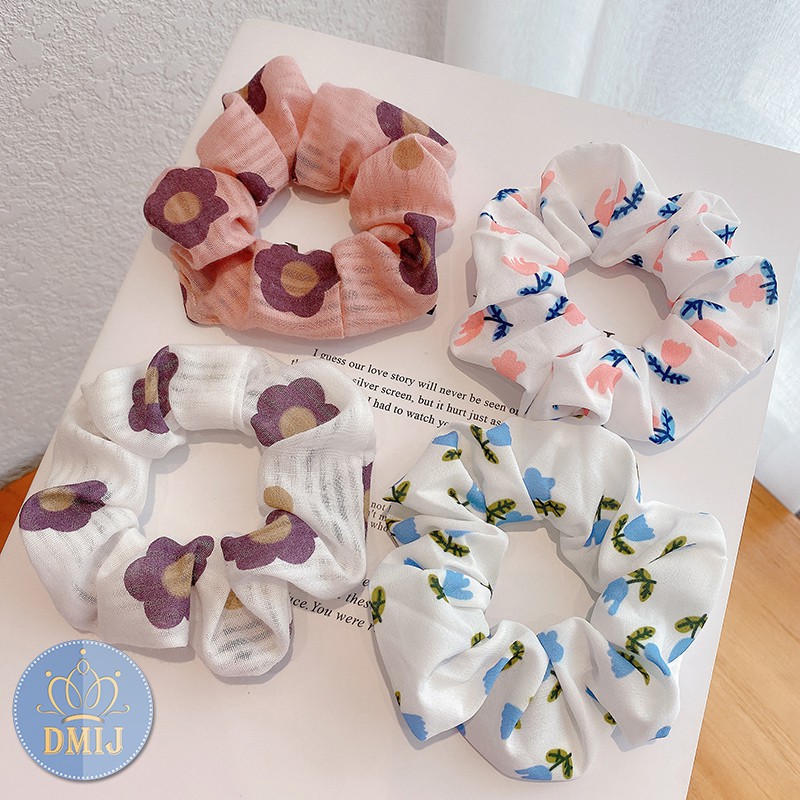 Cột Tóc Vải Scrunchies Hoạ Tiết Hoa To Phong Cách Hàn Quốc
