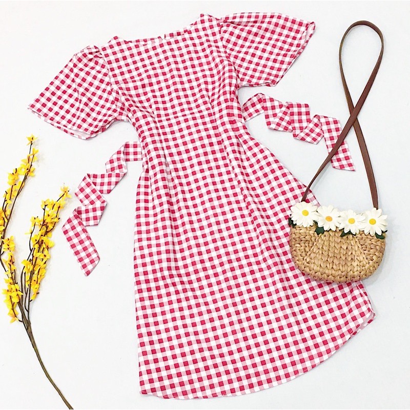 Đầm váy caro đỏ to cột nơ sau