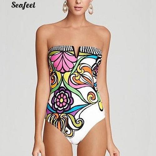 Bộ Đồ Bơi Bikini 1 Mảnh Không Dây In Họa Tiết Hoa Lá