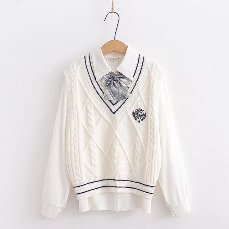 Áo Sweater Dệt Kim Không Tay Dáng Rộng Phong Cách Preppy Dễ Phối Đồ Cho Nữ