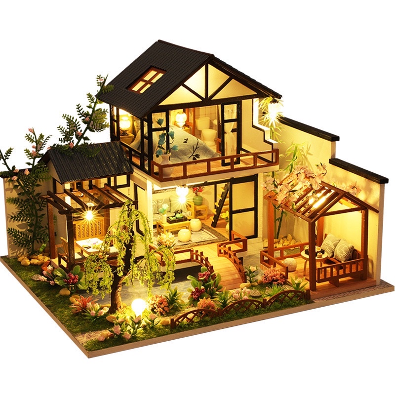 (Tặng mica,đèn,keo sữa)Mô hình nhà búp bê đô chơi phong cách cổ trang diy doll house bé tự lắp ráp P010