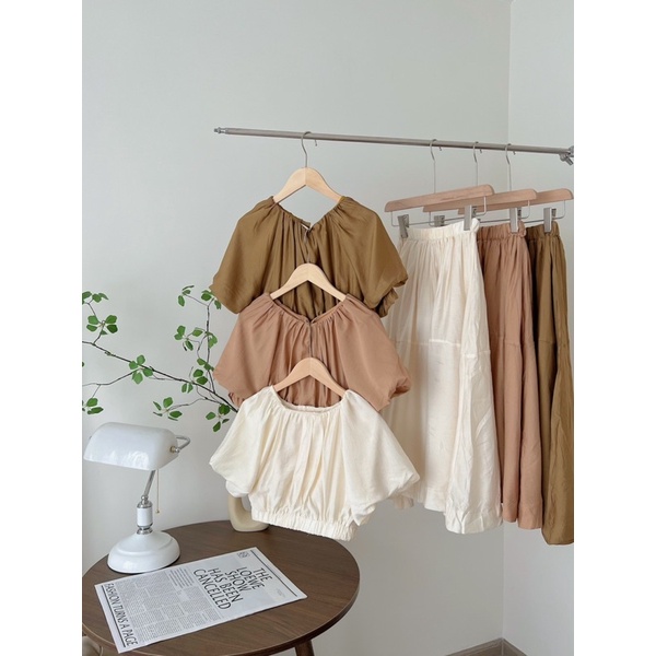 Set áo croptop đũi tay bồng 2 lớp bo chun kèm chân váy dài S352 SUSTORE