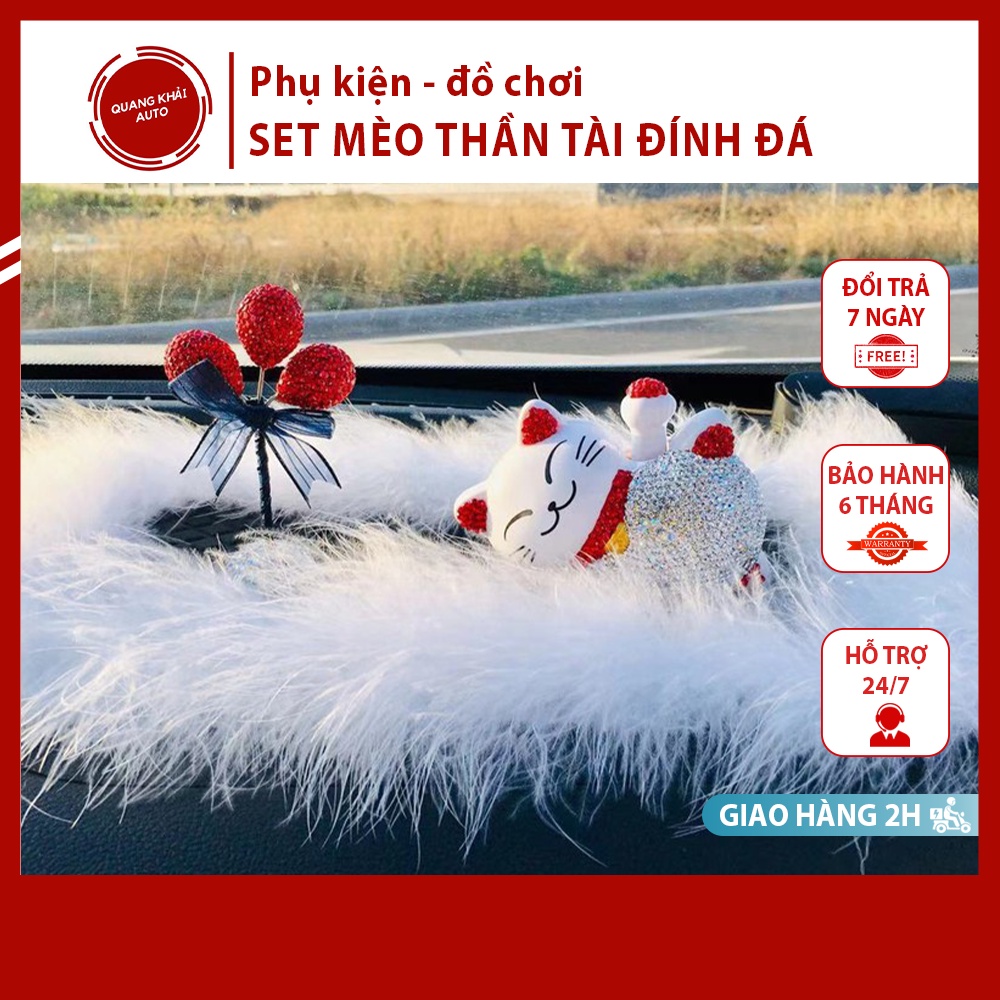 Set mèo thần tài đính đá kèm phụ kiện thảm bóng bay trắng