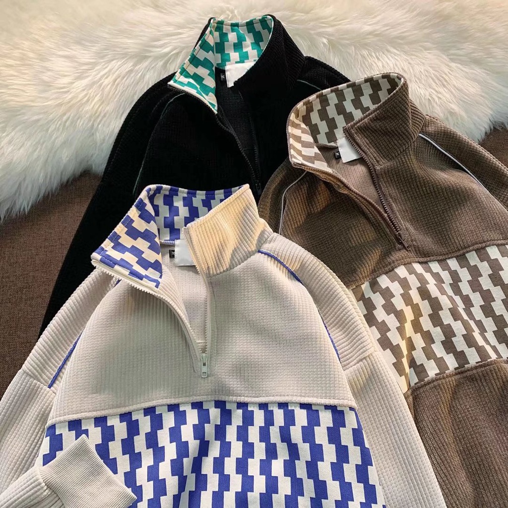 Áo Sweater Tay Dài Cổ Lọ Có Khóa Kéo Họa Tiết Sọc Caro Phong Cách Đường Phố Cho Nam ÁO ThờI Trang KhoáC Gió Unisex Nam ChấT