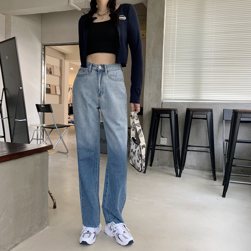 Quần Jean Dài Lưng Cao Dáng Rộng Màu Gradient Thời Trang Mùa Thu Trẻ Trung