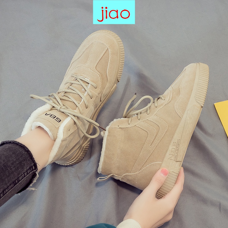 Giày boot Martin cổ cao phối lông nhung phong cách Anh thời trang thu đông cho nữ