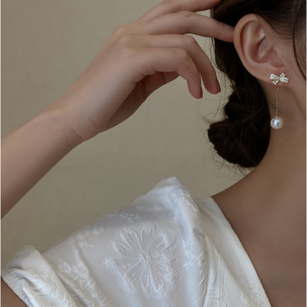 Bông tai nơ đính hạt ngọc rời có thể đeo theo 2 cách phong cách Hàn Quốc siêu xinh shop Phụ Kiện Tiên Tiên