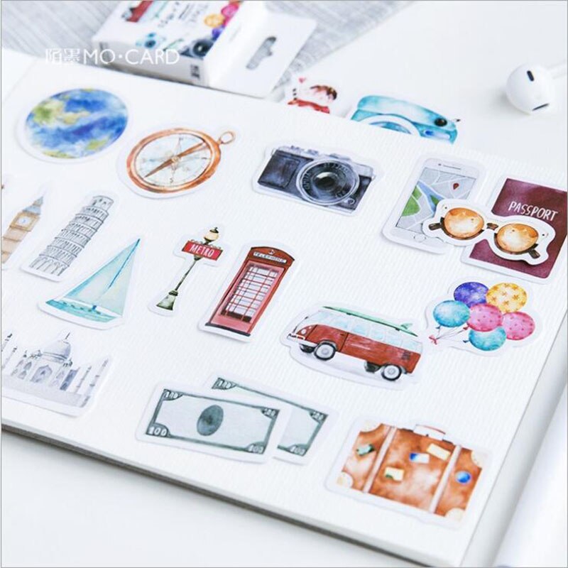 46pcs/ Box，Travel Box Stickers Notebook Albums Kawaii Decoration Craft Gifts Scrapbook Seal Stickers Decor Children's Stationery