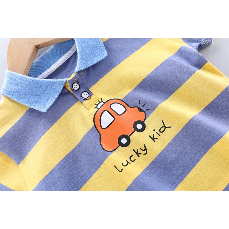 Set Đồ 2 Món Gồm Áo Thun cotton Tay Ngắn Cổ Bẻ Kẻ Sọc Hoạt Hình + Quần jeans Dành Cho Bé Trai 0-4 Tuổi