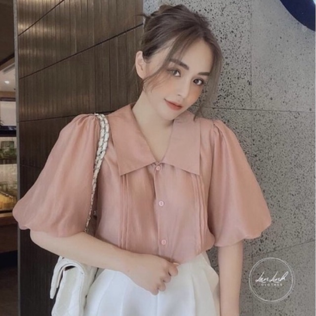 Áo sơ mi nữ tay bồng 2 màu be và hồng