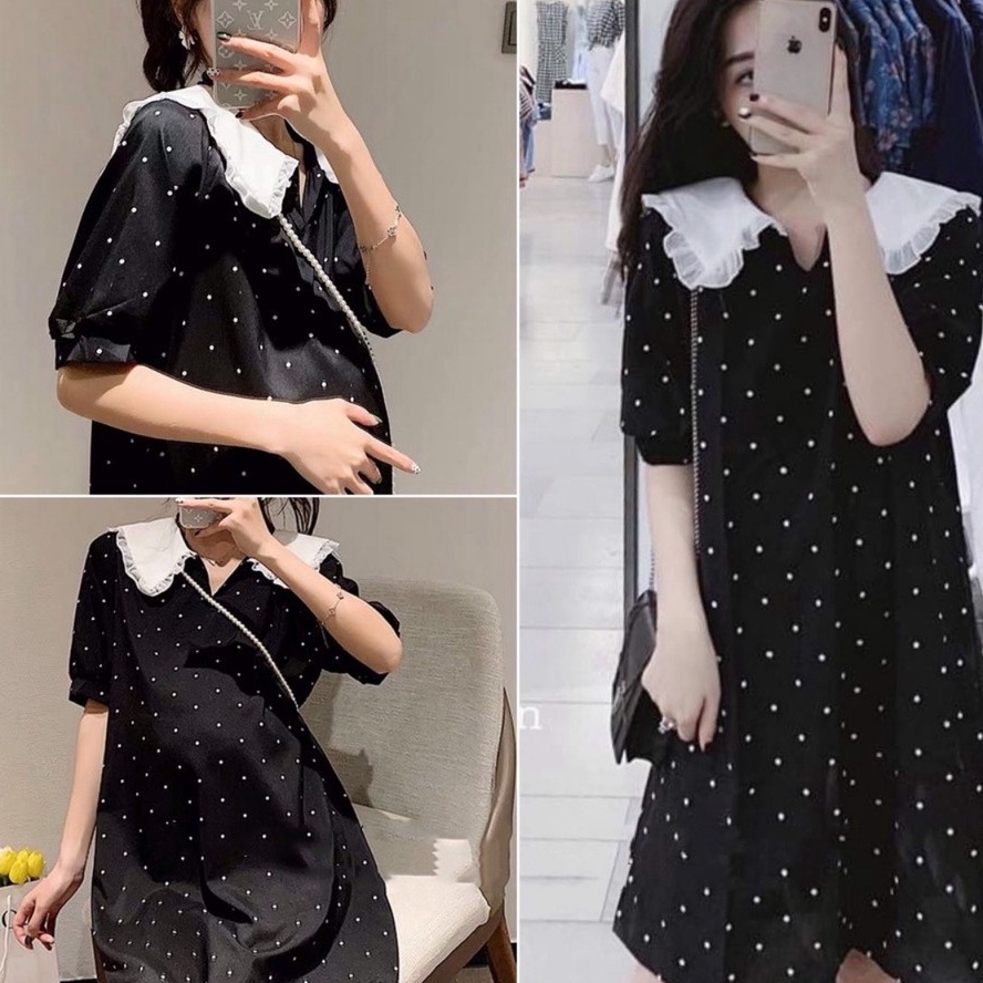 Đầm bầu xinh💗 Váy bầu bigsize thời trang công sở thiết kế chấm bi cổ bèo vải cháo thái ❤️ freesize từ 55-80kg