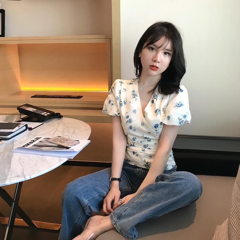 Áo kiểu BH tay phồng ngắn cổ chữ V in hoa phong cách Pháp thời trang cho nữ