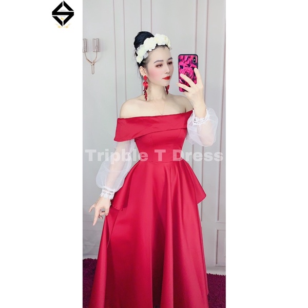 Đầm xòe dự tiệc mặc cưới bẹt vai tay voan dài phối ren TRIPBLE T DRESS -size S/M/L - MS51Y