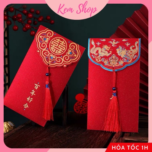 Bao lì xì đỏ kèm tua rua may mắn giấy nhũ cao cấp dùng chúc Tết năm mới, đám cưới ăn hỏi đại lễ - Kem Shop K298