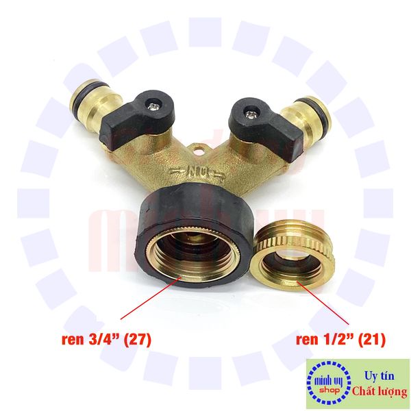 Đầu chia vòi nước 2 cổng có van khóa bằng đồng thau --VChia2dong