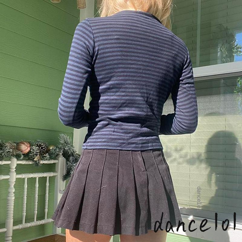 Áo Thun Tay Dài Cổ Tròn In Họa Tiết Kẻ Sọc Khiêu Vũ1O1-Y2k Cho Nữ
