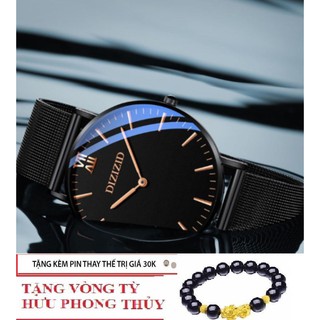 Đồng hồ nam dây thép đen mặt siêu mỏng DIZIZID DZ01cao cấp (Mặt đen - dây đen)  [tặng vòng phong thủy và pin thay thế]