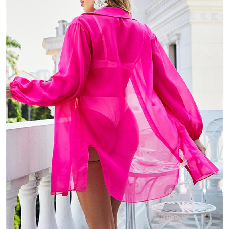 Áo Khoác Ngoài Bikini Tay Dài Dáng Rộng Cài Khuy Màu Trơn Thời Trang Mùa Hè Cho Nữ