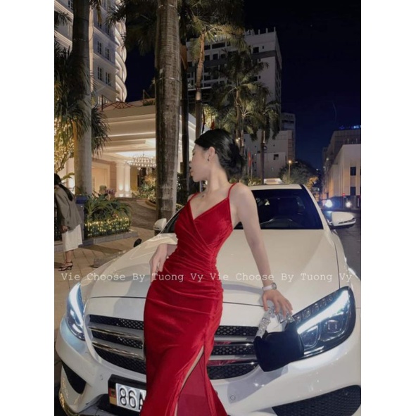 đầm body Nhung 2 dây nhún eo xẻ hông