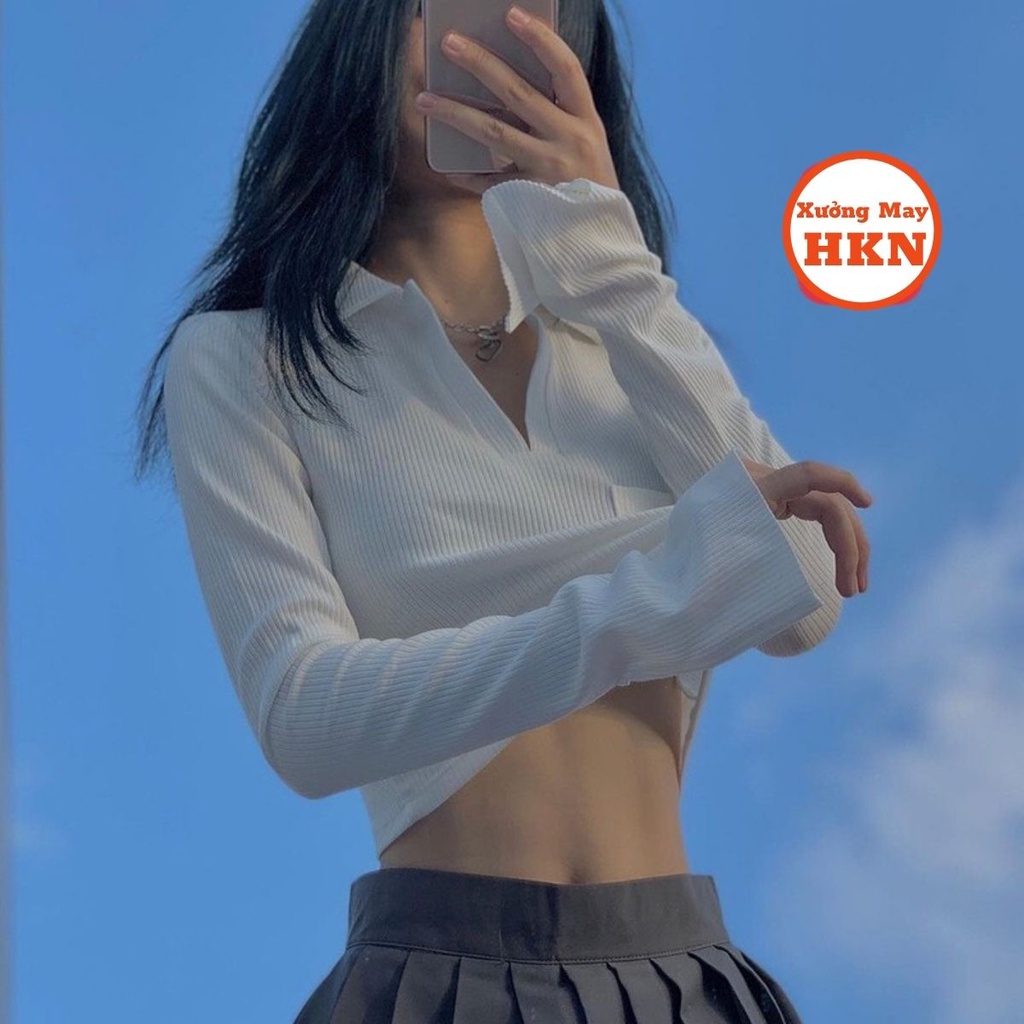 Áo Croptop Nữ Polo Cổ Bẻ Dài Tay Cá Tính Kèm Túi Ngực Style Hàn Quốc Mã 885 Xưởng May HKN