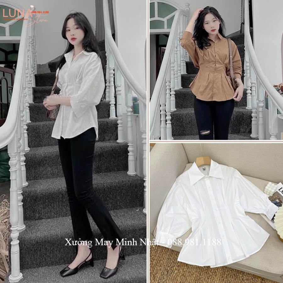 Áo sơ mi trắng nữ chiết eo tay lỡ phồng bồng xếp ly tôn dáng cổ V bẻ vải mềm cho sinh viên mặc đi học sinh làm công sở
