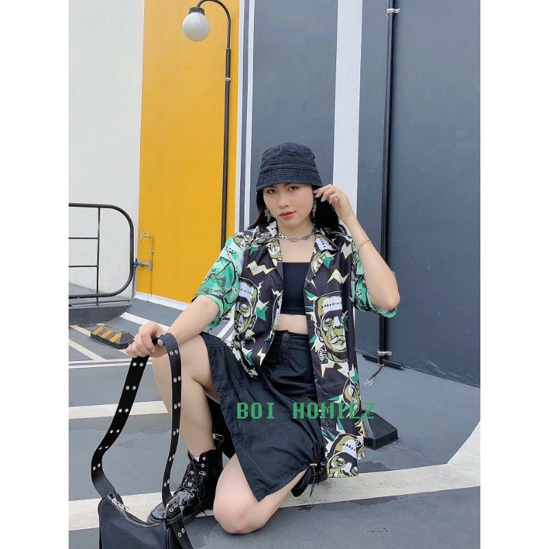 Áo Sơ Mi Tay Ngắn Unisex Cổ Bẻ Phong Cách Hàn Quốc Freesize