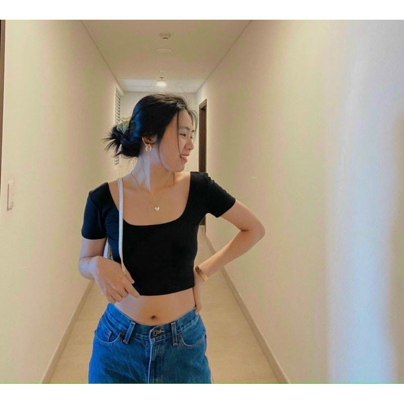 Áo croptop nữ tay ngắn phối nơ, Áo croptop ôm co dãn hở lưng SUNA FASHION