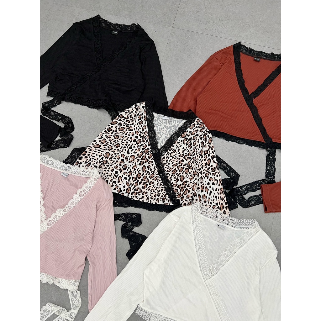 Áo croptop nữ tay dài HHVINTAGE kiểu ren co giãn Top A92