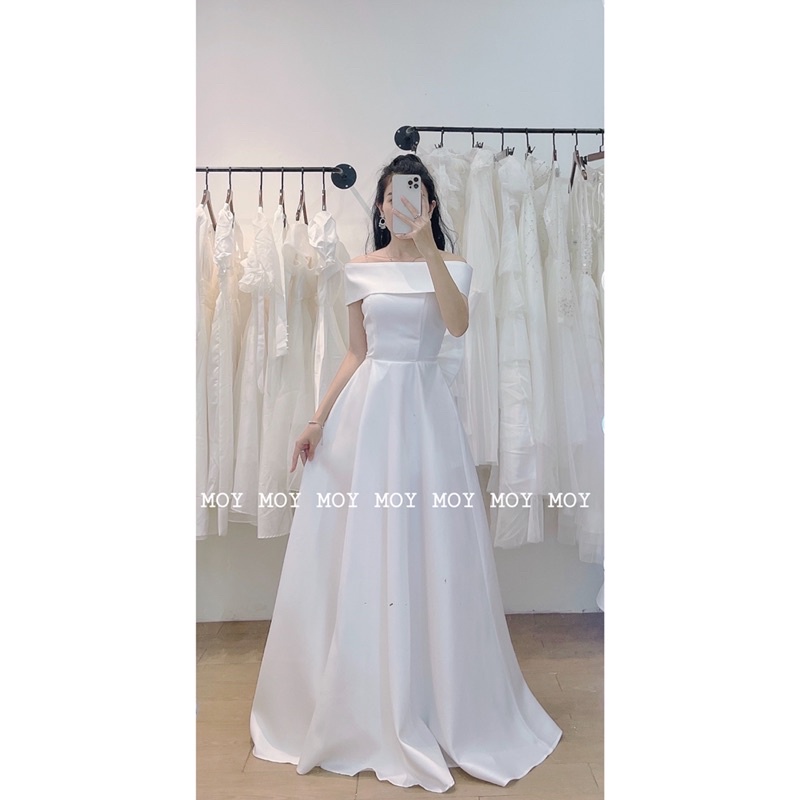 Váy cúp phi xòe xẻ bệt vai nơ đan lưng - Váy cưới thiết kế đơn giản-H316