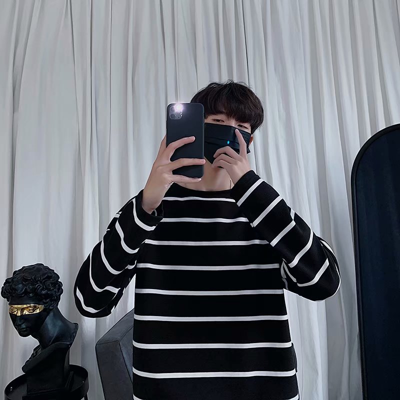 Áo thun cổ tròn dài tay dáng rộng họa tiết sọc ngang thời trang dành cho nam | BigBuy360 - bigbuy360.vn