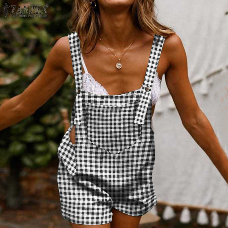 Jumpsuit Ngắn Zanzea Có Túi Thời Trang Nữ Không Tay Vải Caro Dáng Rộng