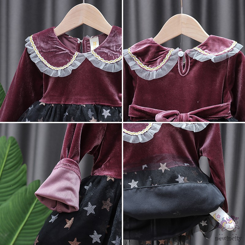 Đầm Tay Dài Phối Lưới Phong Cách Hàn Quốc Cho Bé Gái