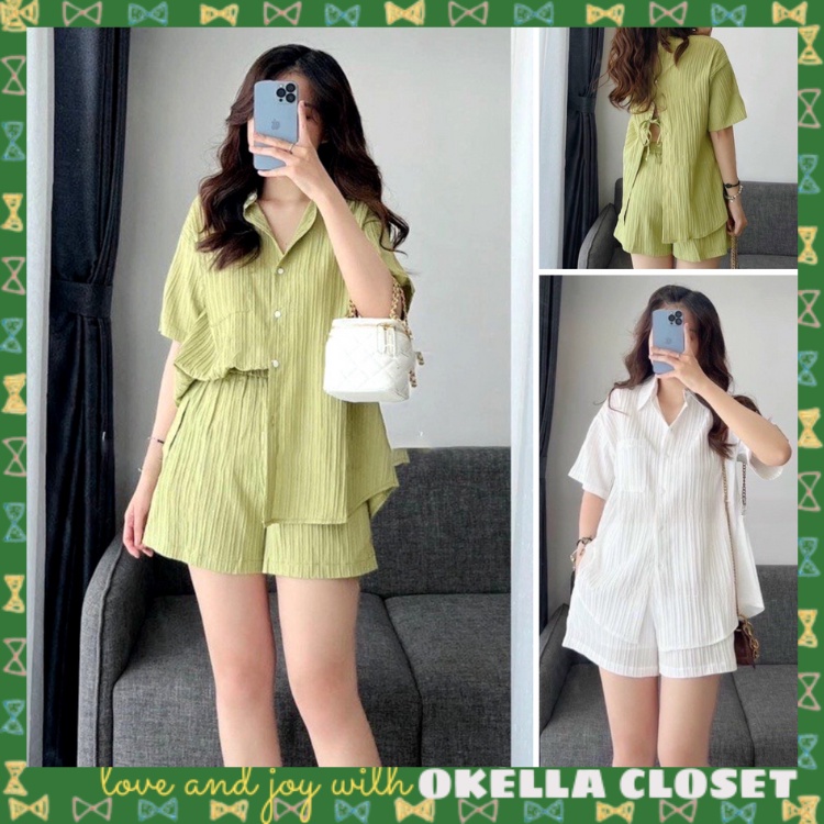 Set áo sơ mi xẻ thắt nơ phía sau + quần short chất đũi xước nhiều màu Okélla