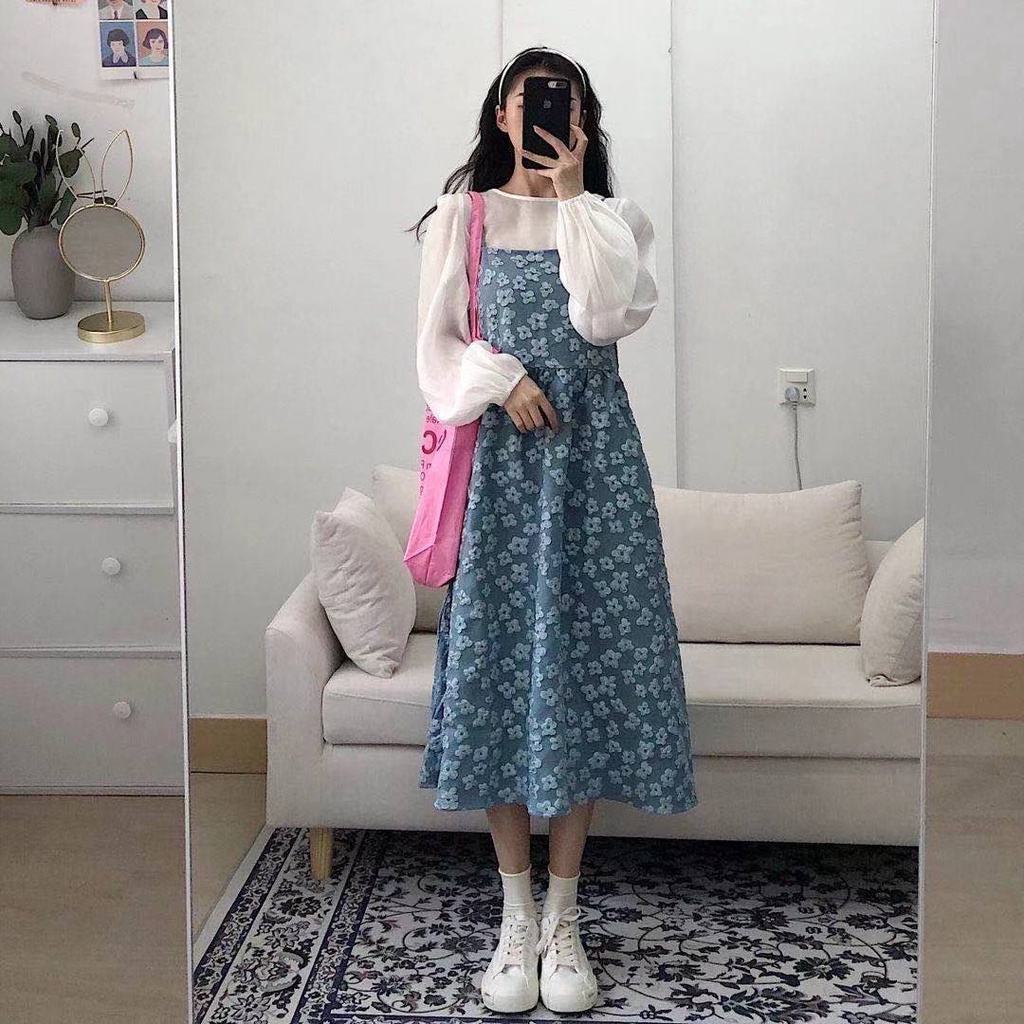 Set Áo Sơ Mi Tay Phồng Dáng Rộng + Đầm Hoa Hai Dây Xinh Xắn Dành Cho Nữ