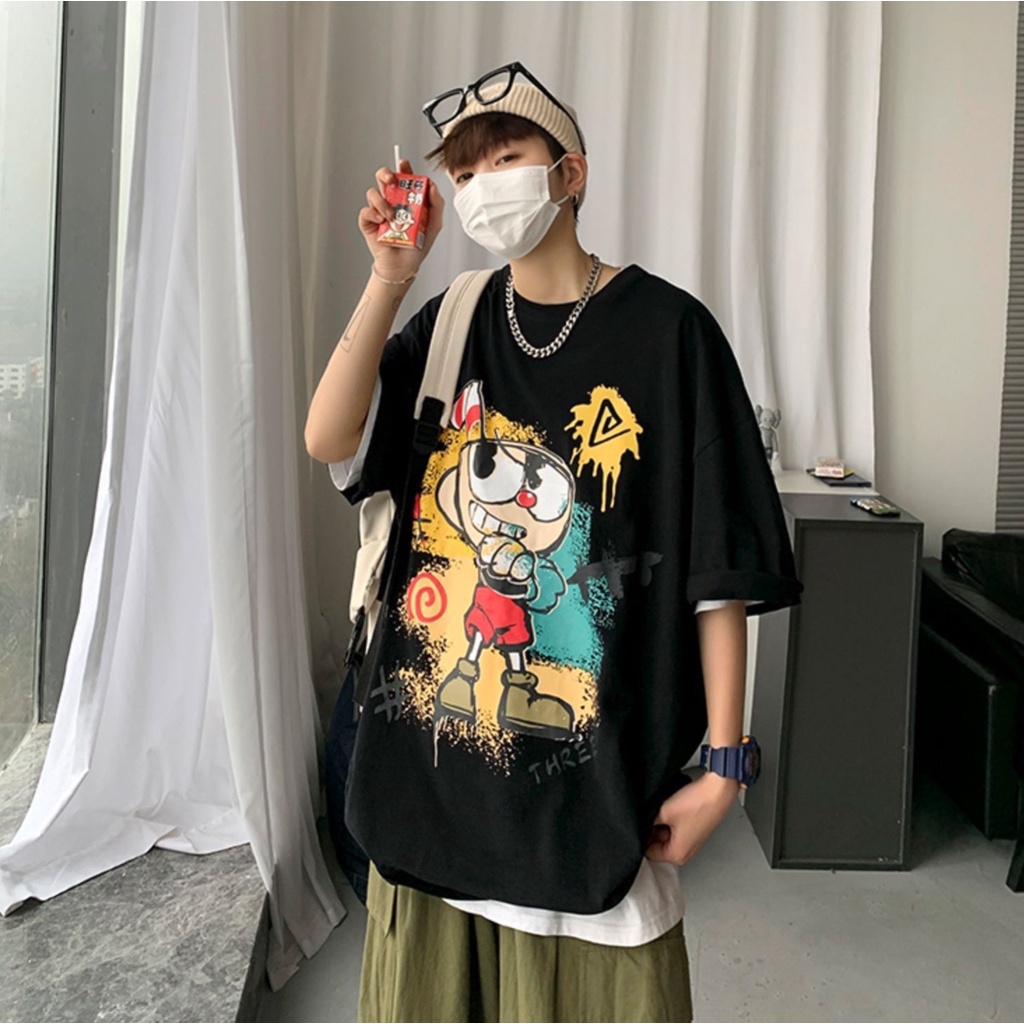 Áo thun tay lỡ nam nữ, áo phông unisex form rộng chất cotton mát mịn thấm hút mồ hôi in hình hoạt hình SIB111